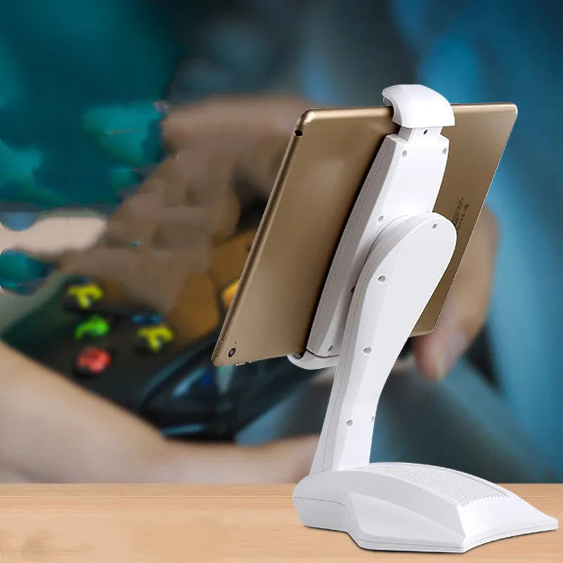 White tablet stand with adjustable clip holding a tablet at 250 mm height