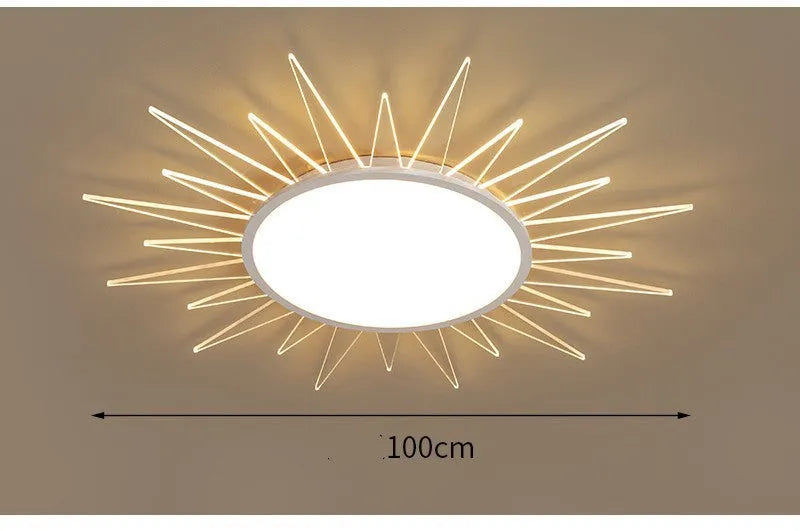 Round aluminium LED ceiling lamp with remote control for dimmable white and tricolour lighting.