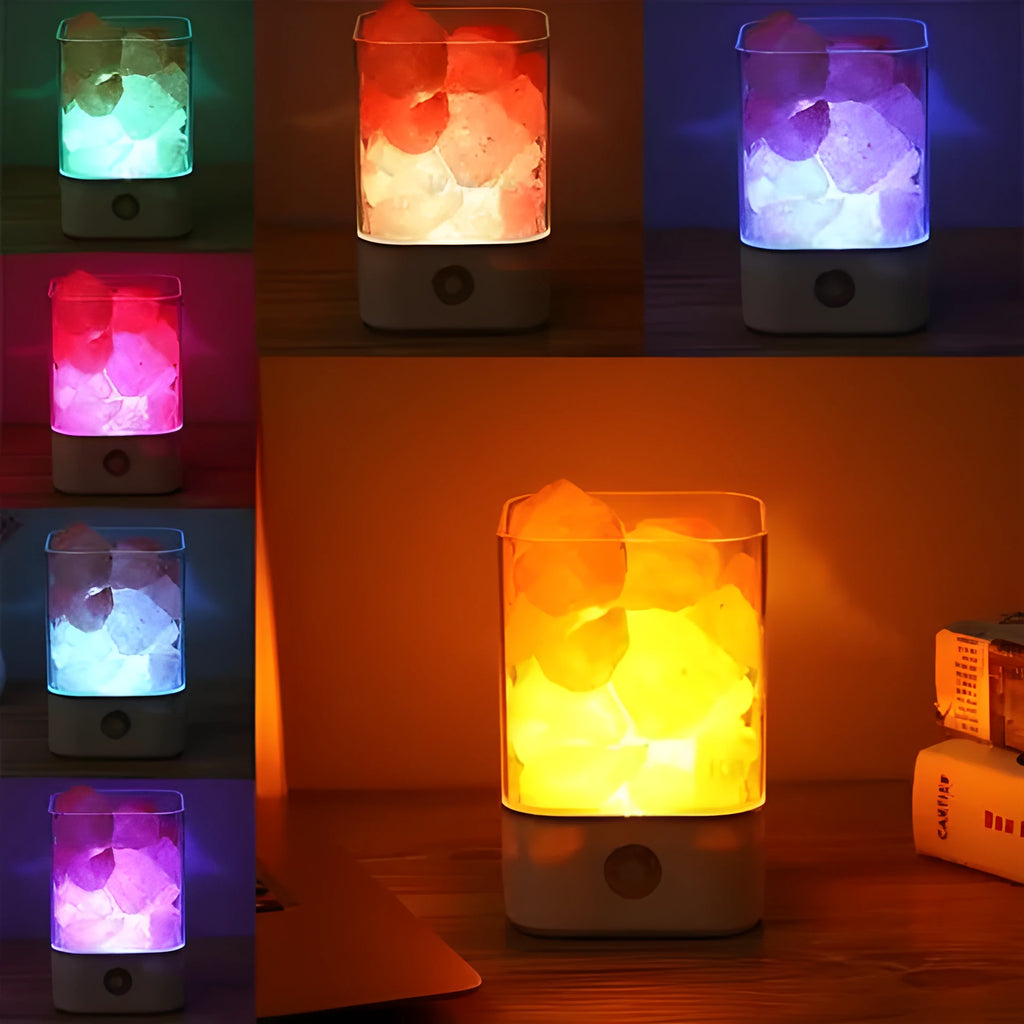 USB Himalayan salt LED lamp with 5 colour-changing modes, 94 mm size, ABS and PC construction, black finish