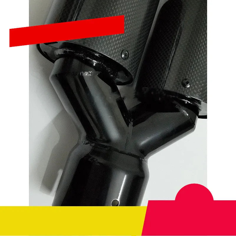 Car modified muffler double outlet bright black exhaust pipe tail throat with carbon fibre trim on car rear