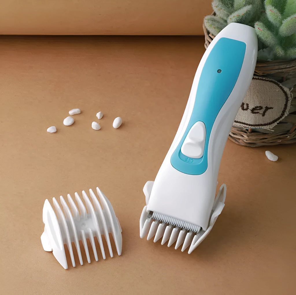 White dog shaver pet electric clipper with ceramic and stainless steel blade, two combs, battery, lubricant, and brush