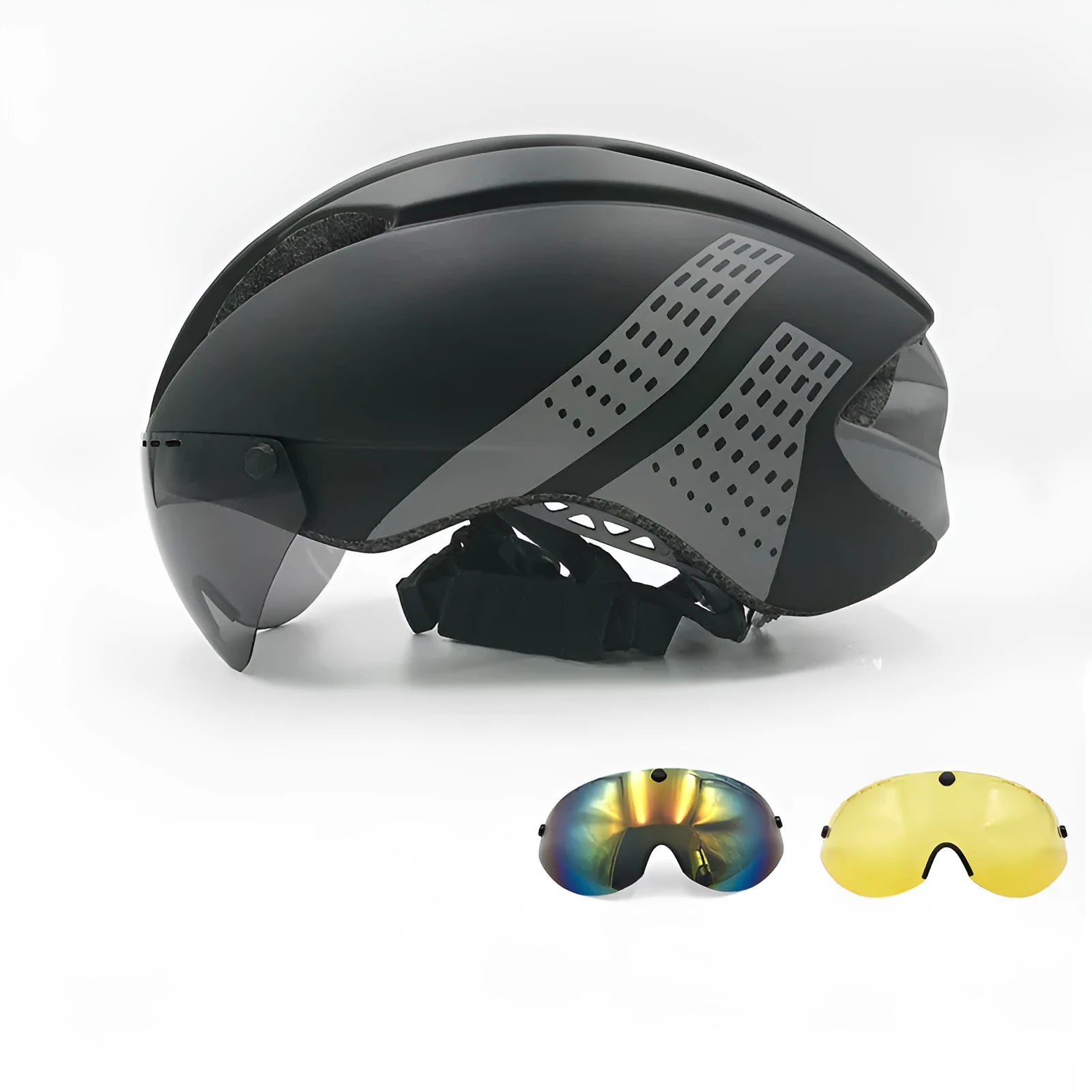 Mountain bike road bike helmet with magnetic goggles, PC EPS shell, 315g, 11 vents, silver-grey lens, Black Grey colour