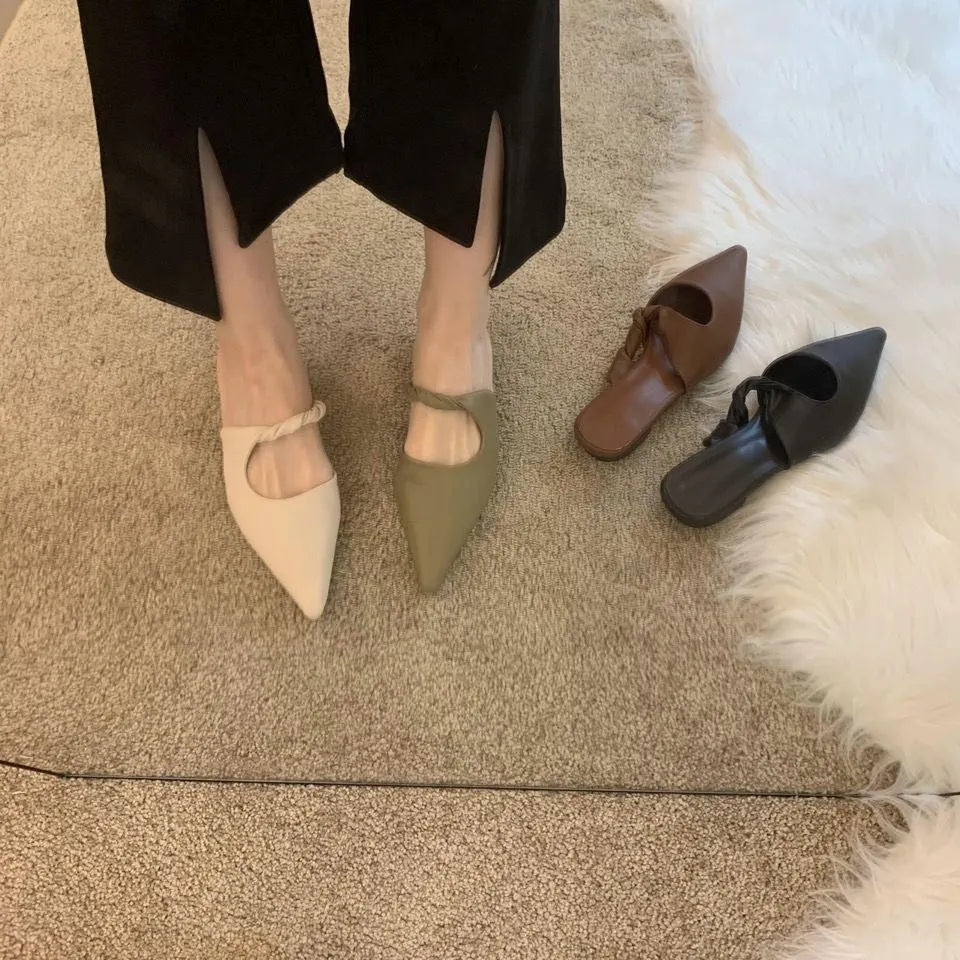Women's soft leather semi-toe box slippers in black, brown, khaki, and off white colours