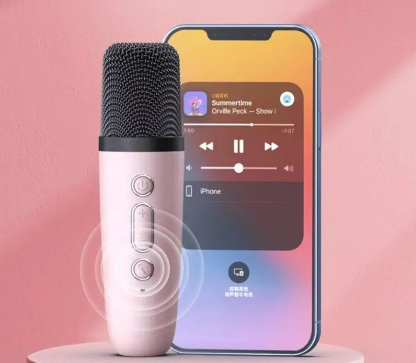 Pink, sky blue, and white portable Bluetooth karaoke microphone speaker with coloured LED lights.