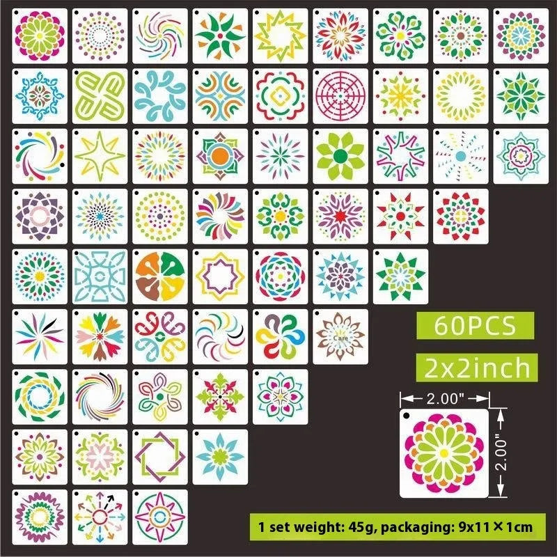 Milky white PET film spray painting stencils showing 2-inch flower, animal, letter, and leaf hollow designs.