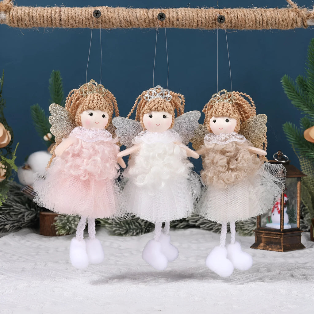 Cartoon angel Christmas fabric hair pendant clip on a ponytail, shown in white, pink, and khaki colours.