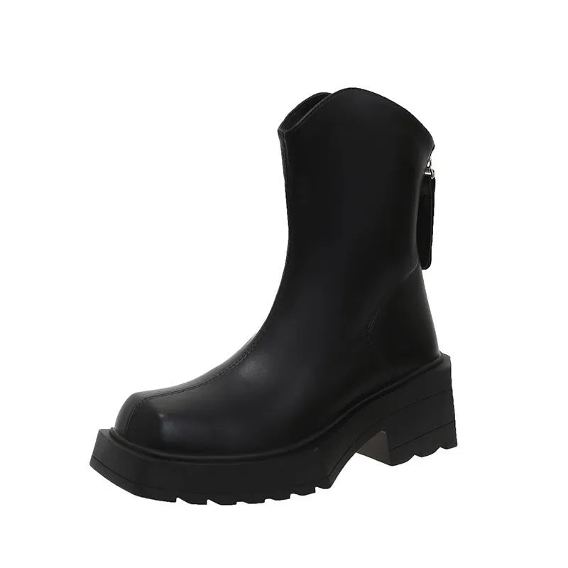 Black women's platform Martin ankle boots with square toe, back zipper, and a 6-8cm heel.