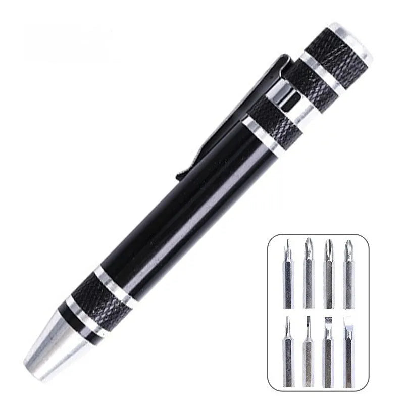8-in-1 aluminium alloy pen-type screwdriver set with multiple coloured handles and chrome vanadium steel bits
