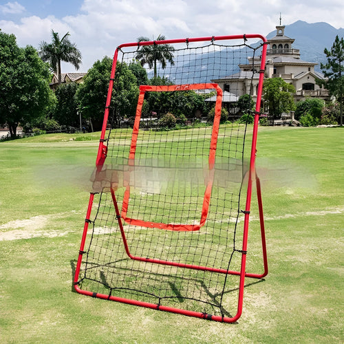 Red adjustable portable baseball training net with metal frame measuring 4x6 feet