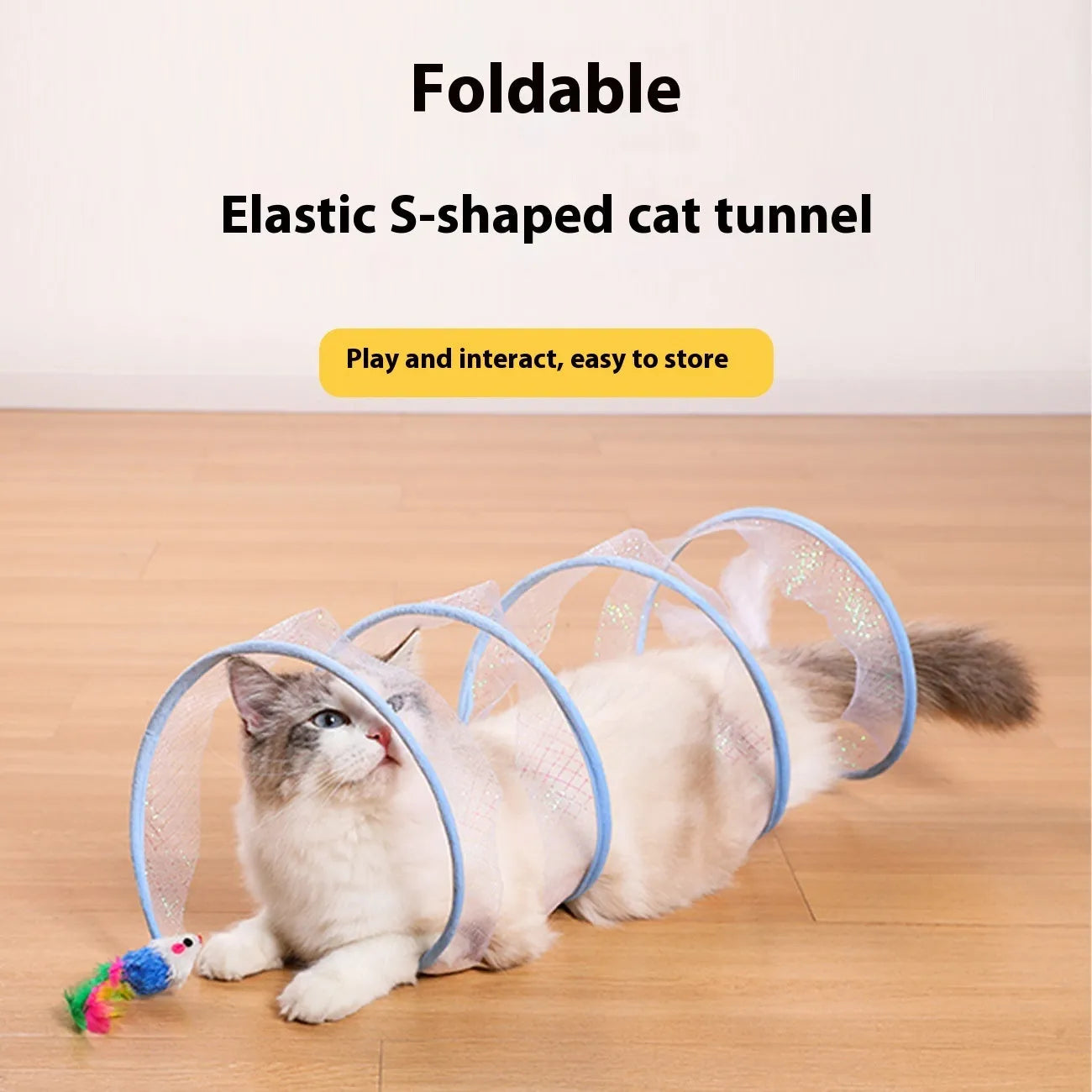 S-type cat tunnel toy with steel wire frame, elastic net mesh walls and feather attachments