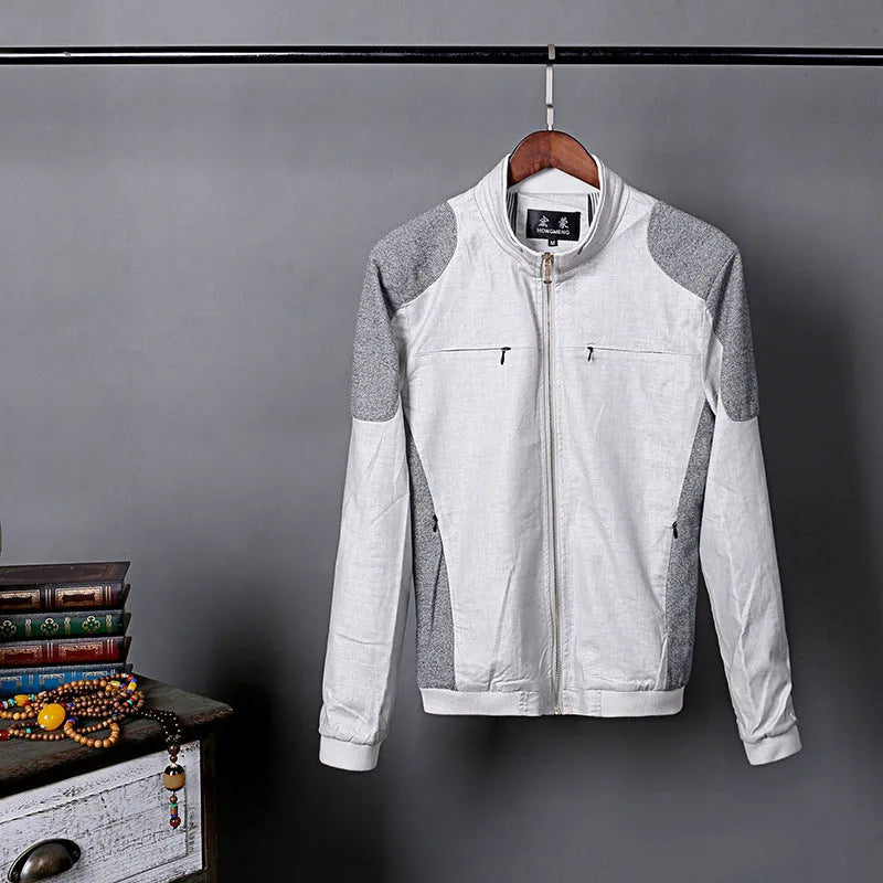 Men's thin heather grey linen jacket on a hanger, showing regular fit and colour block detail.