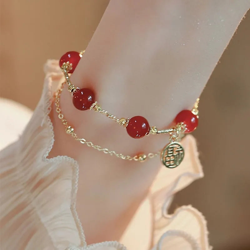 Red agate double-layer bracelet with horse charm and blessing card in electroplated alloy with chamfered square pattern