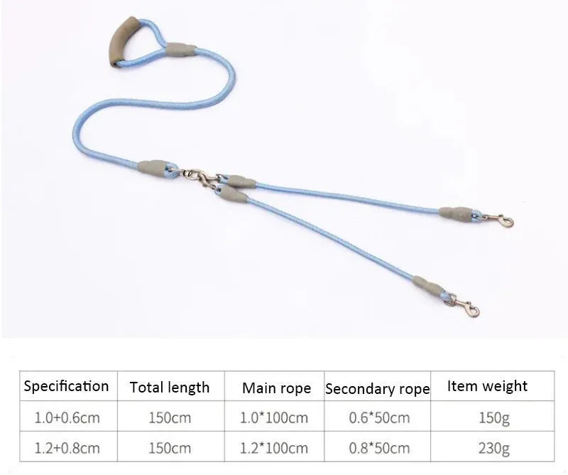 Double dog leash for two dogs with foam handle and metal buckles in blue colour