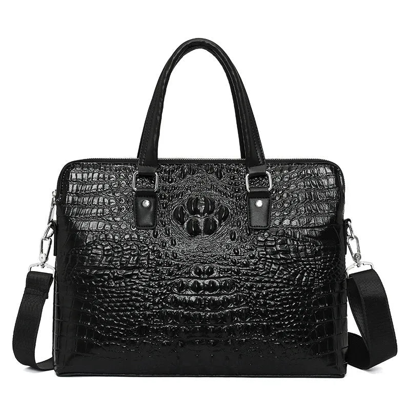 Men's black genuine leather crocodile pattern shoulder briefcase with stitching details