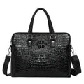 Men's black genuine leather crocodile pattern shoulder briefcase with stitching details
