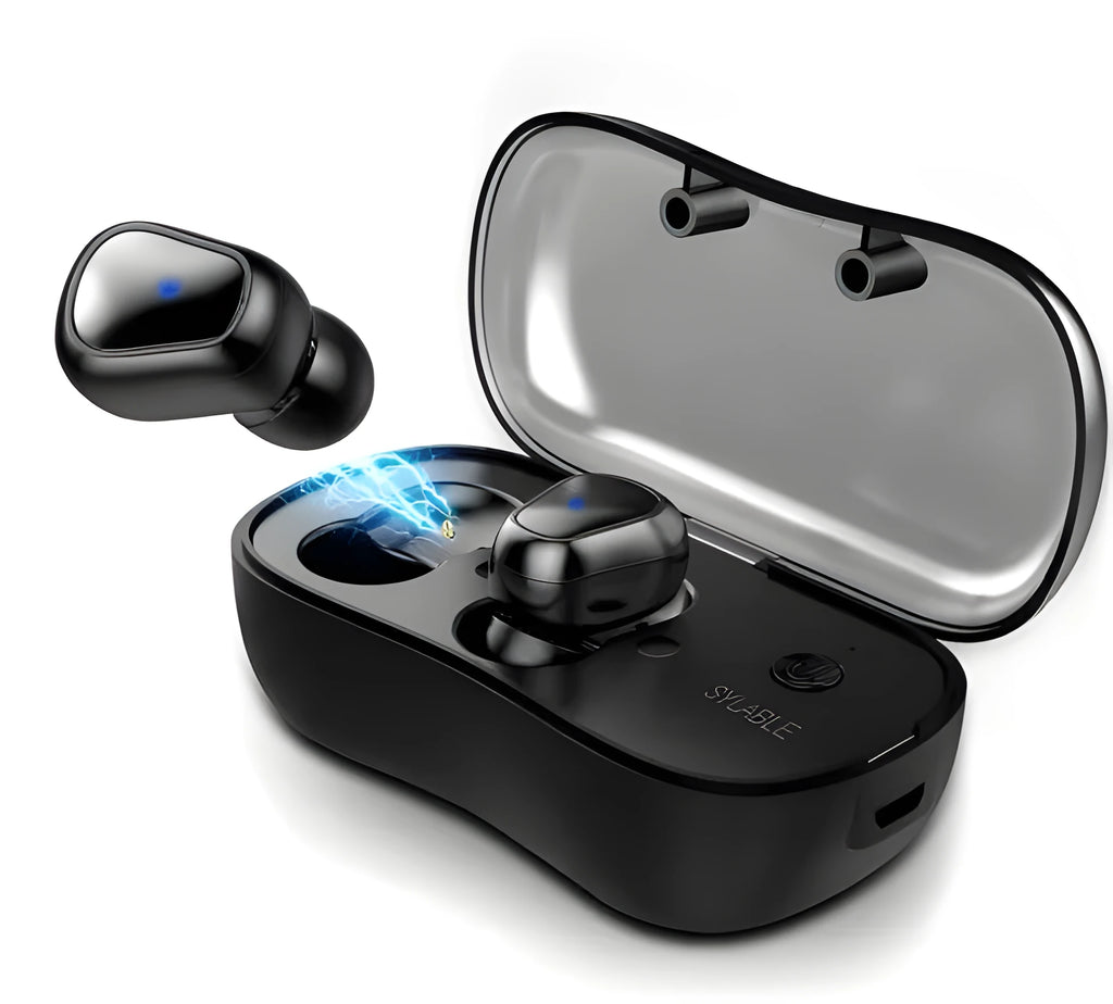 Ultra-lightweight black Bluetooth 5.0 TWS sports earbuds with a compact white charging case on a grey background.