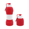 Blue silicone folding water bottle shown both fully expanded and folded to half its height