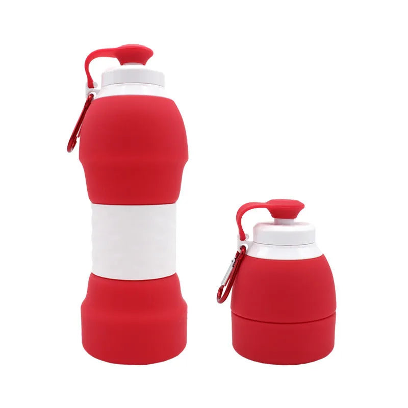 Blue silicone folding water bottle shown both fully expanded and folded to half its height