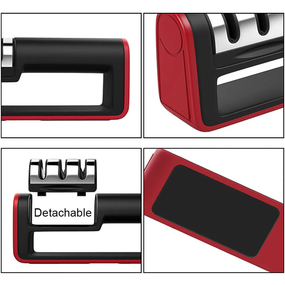 Black and red three-stage professional knife sharpener on a kitchen counter