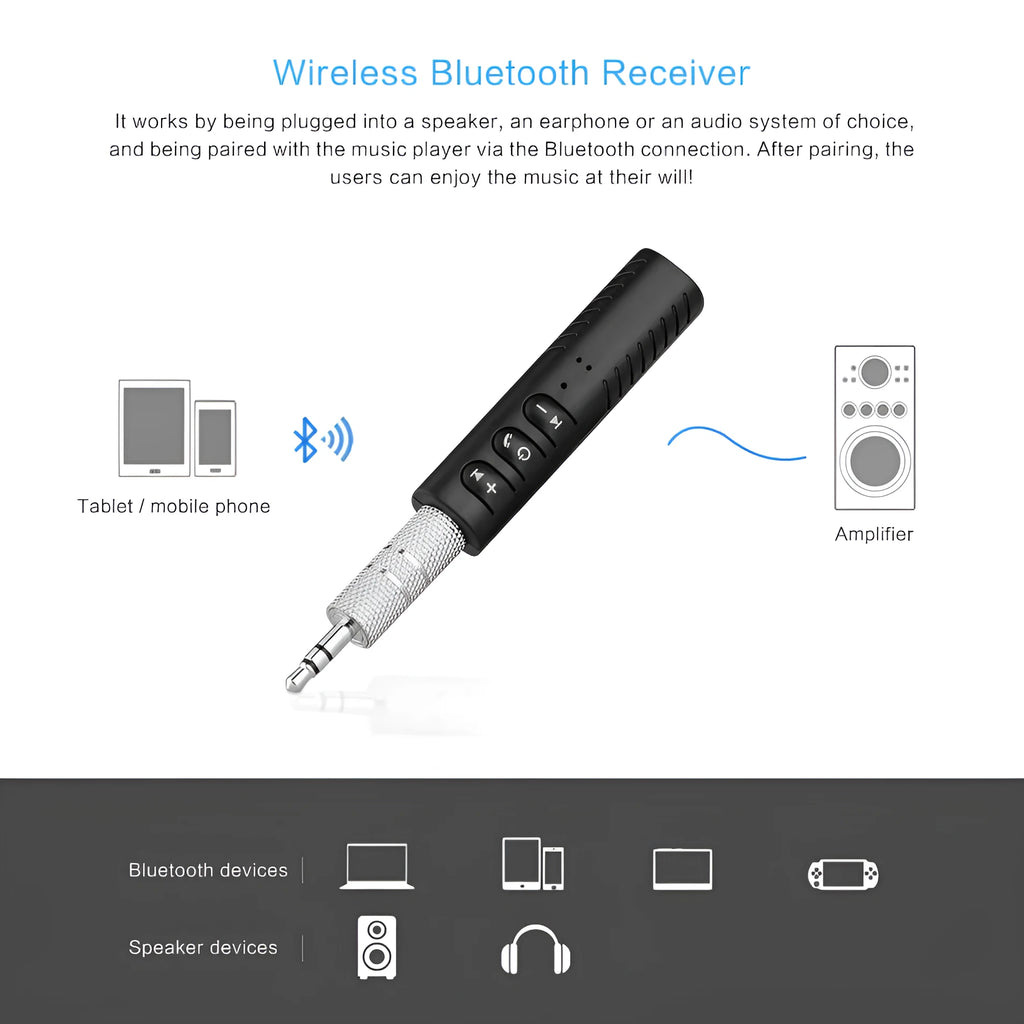 Black Bluetooth audio receiver with 3.5mm AUX jack for car stereo wireless connectivity