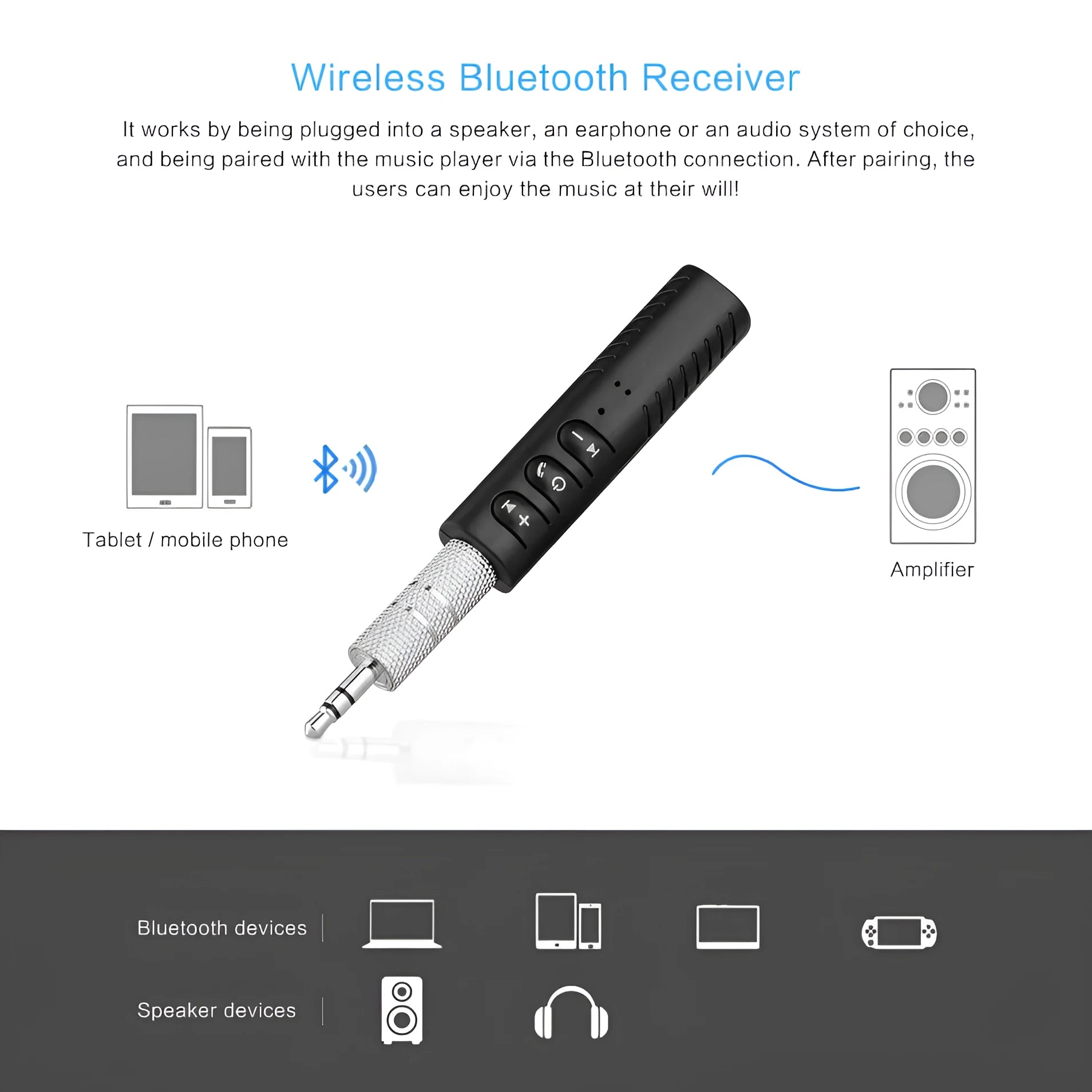 Black Bluetooth audio receiver with 3.5mm AUX jack for car stereo wireless connectivity