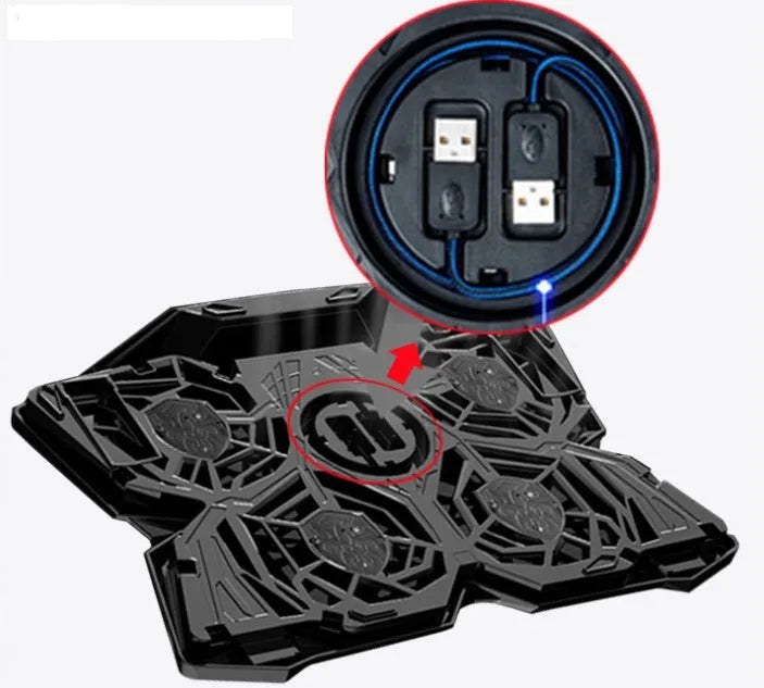 Blue computer cooling base with four LED exhaust fans and visible USB ports