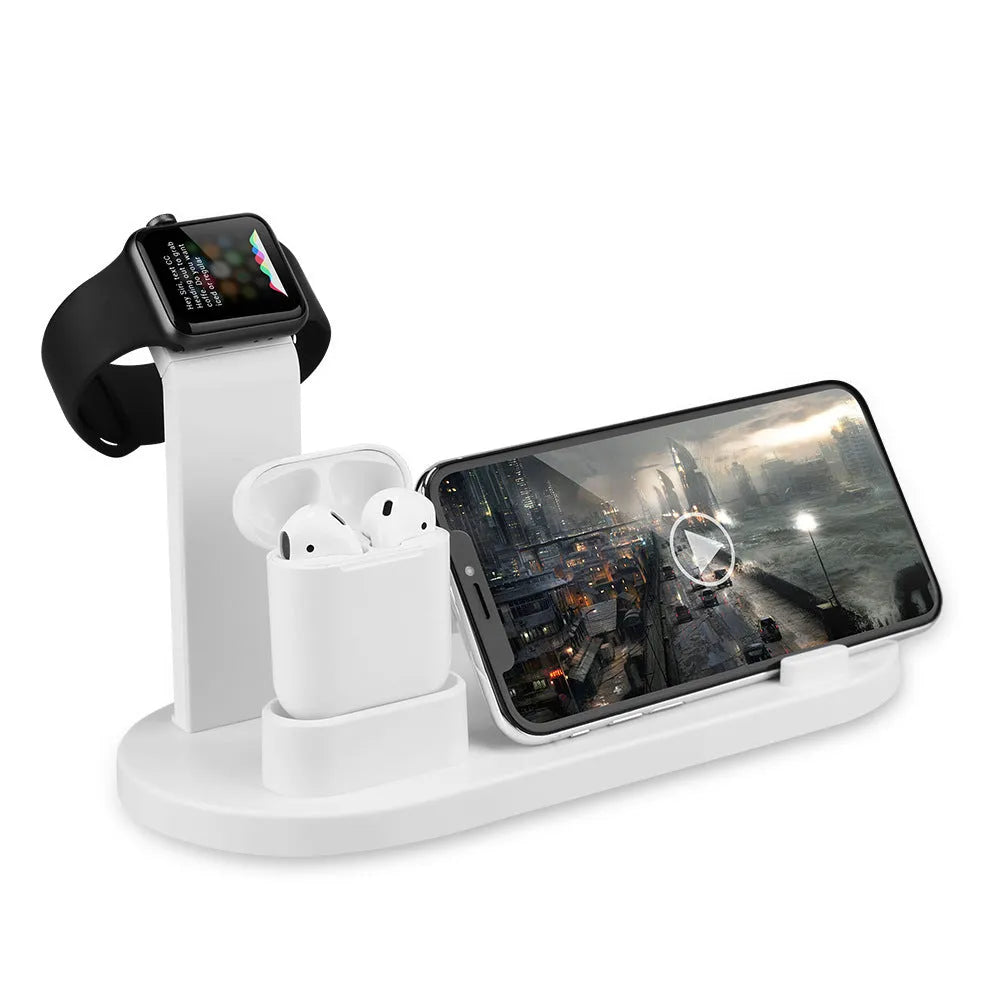 White headphone charging stand with three USB charging ports for wireless headphones