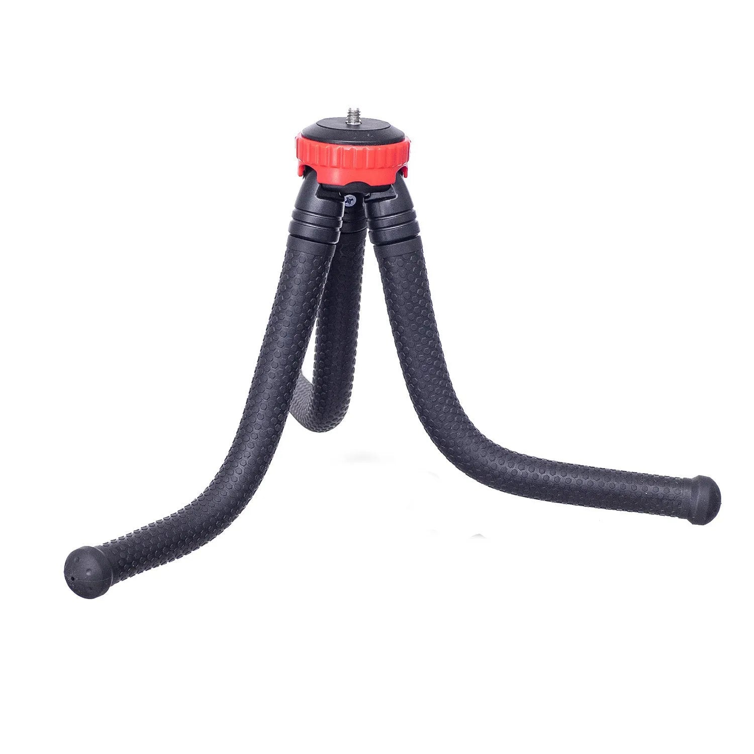 Black octopus tripod with spherical gimbal head wrapped around pole supporting mobile phone
