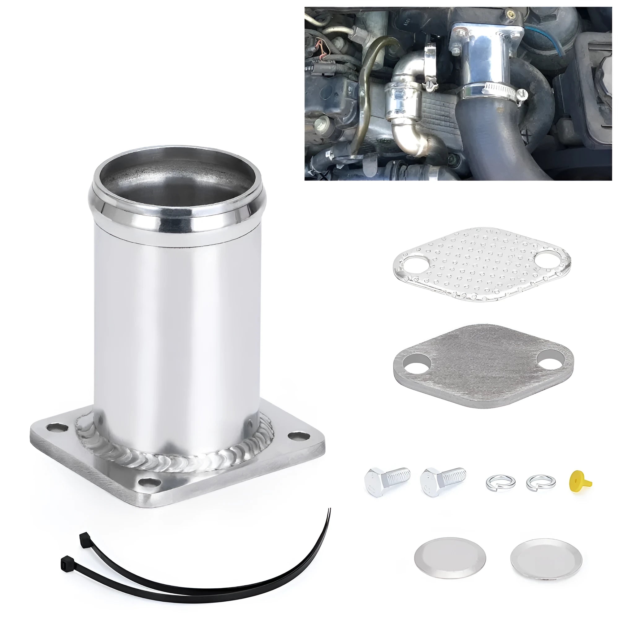 BMW E46 diesel EGR removal kit showing black metal pipe, blanking plates, bolts, and vacuum plug