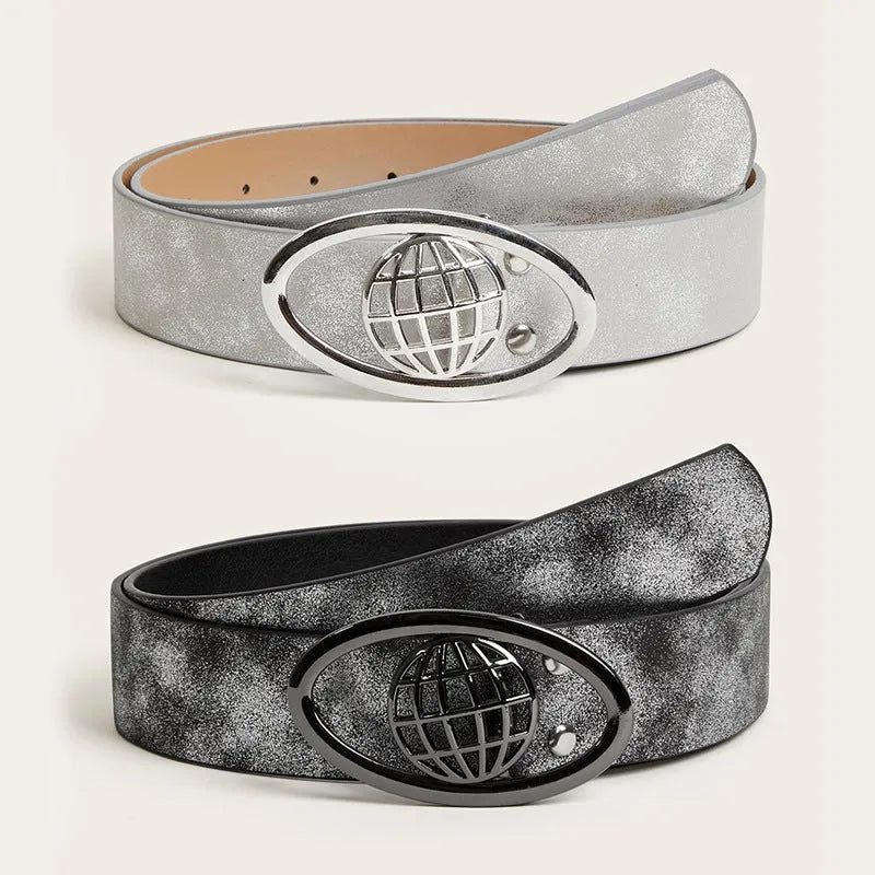 Retro women's thick belt with oval alloy buckle in grey and silver white colour options