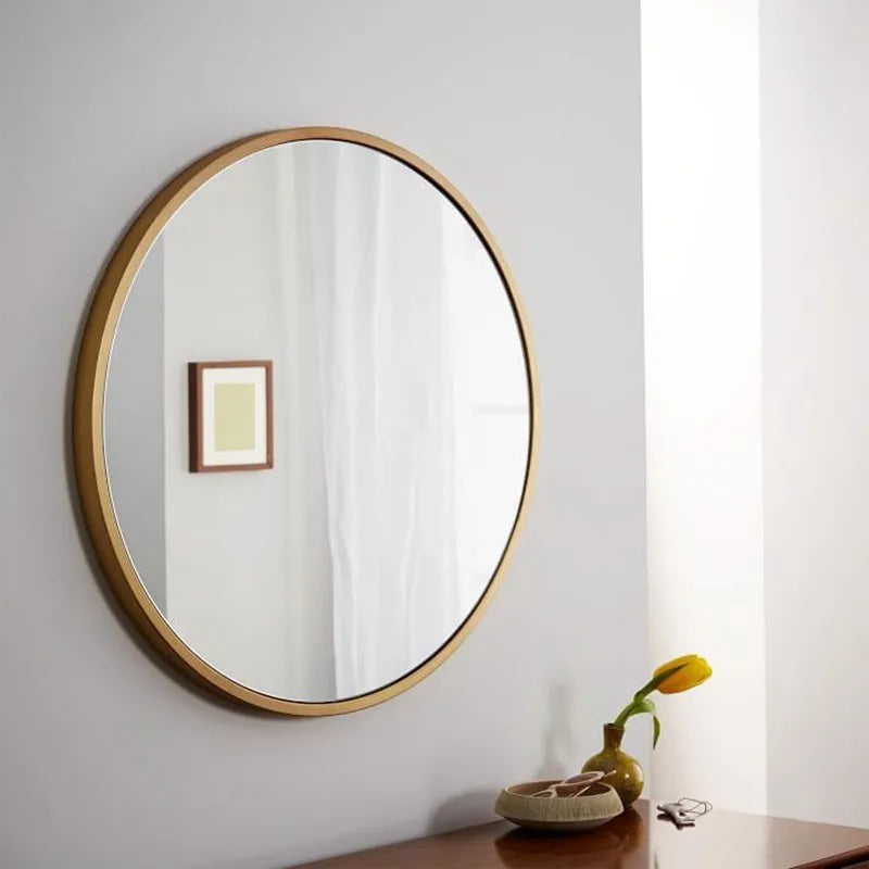 Round iron-framed bathroom wall mirror in black, gold, or white finish