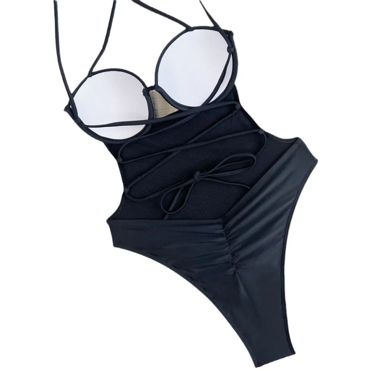 Black solid colour one-piece swimsuit for women on a mannequin, showing the one-piece spandex design.