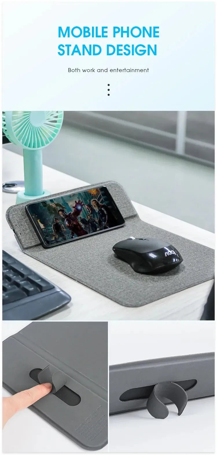 Foldable cloth wireless phone charging holder in open and closed positions