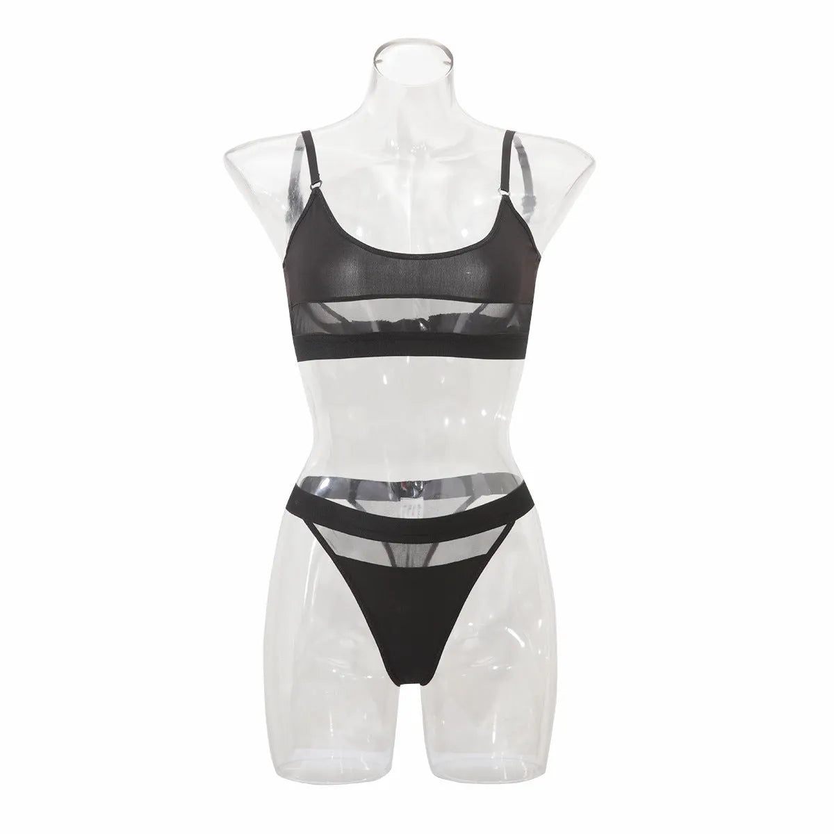 Black and white full cup bra and pants set for women on a hanger.