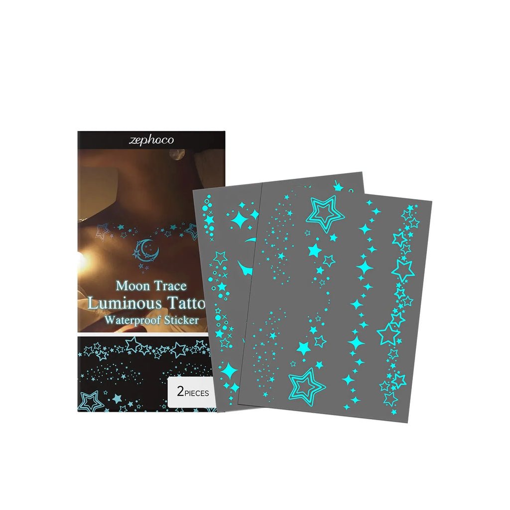 Two luminous glow-in-the-dark tattoo stickers and tube of tattoo paste for party body art.