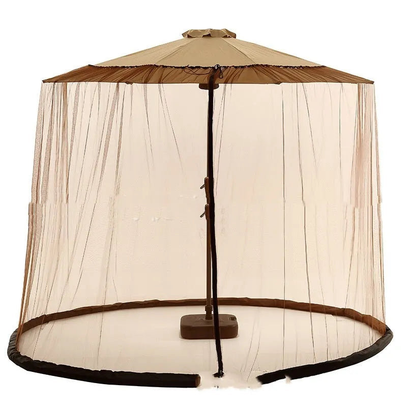 Heavy outdoor umbrella tent sunshade with mosquito net in beige, black, or brown colour.