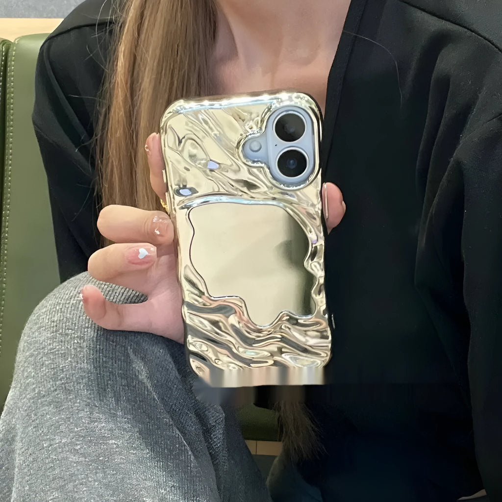 Solid colour iPhone case with a water ripple texture and a reflective mirror back, shown in a beige colour option.