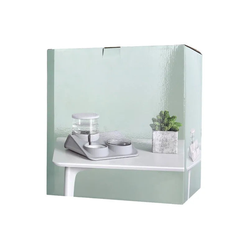 Double bowl pet feeder with automatic drinking fountain, PP PET material, 32 cm, in blue colour on floor