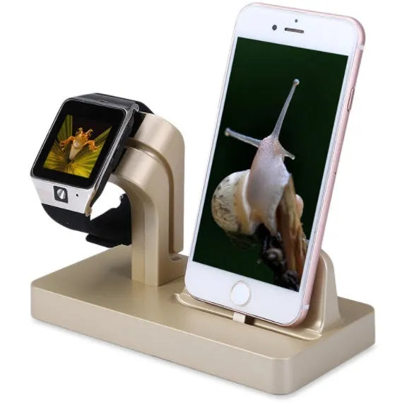 White charging dock station holding iPhone and Apple Watch with cable