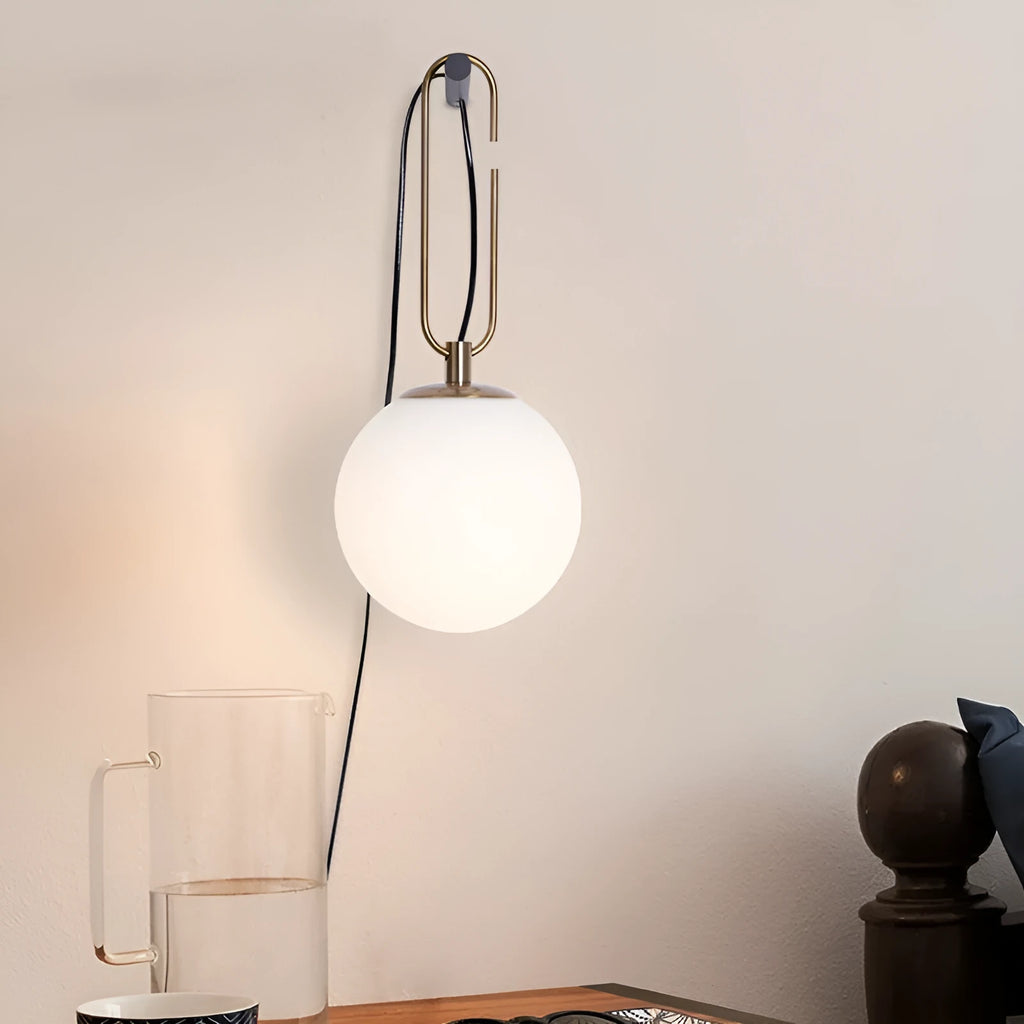 Nordic modern glass wall lamp mounted on a wall with three light colour temperature options displayed.