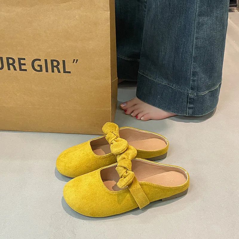 Plus size women's bow toe half slippers in apricot colour with artificial PU upper