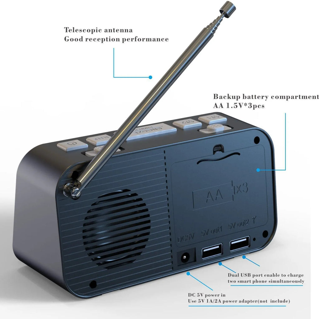 Black DAB bedside alarm clock with large LED display, pigtail antenna, and USB ports on the side.