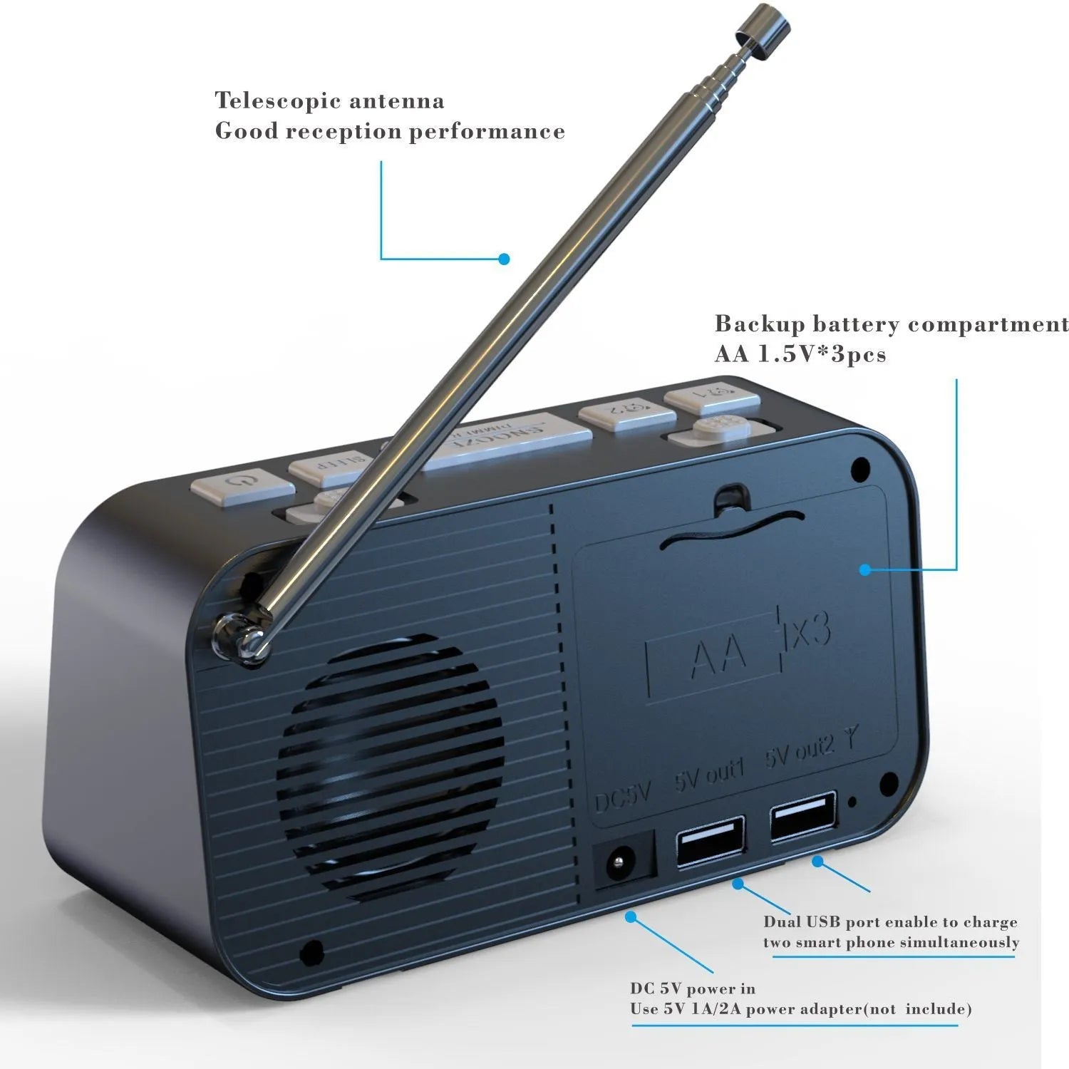 Black DAB bedside alarm clock with large LED display, pigtail antenna, and USB ports on the side.
