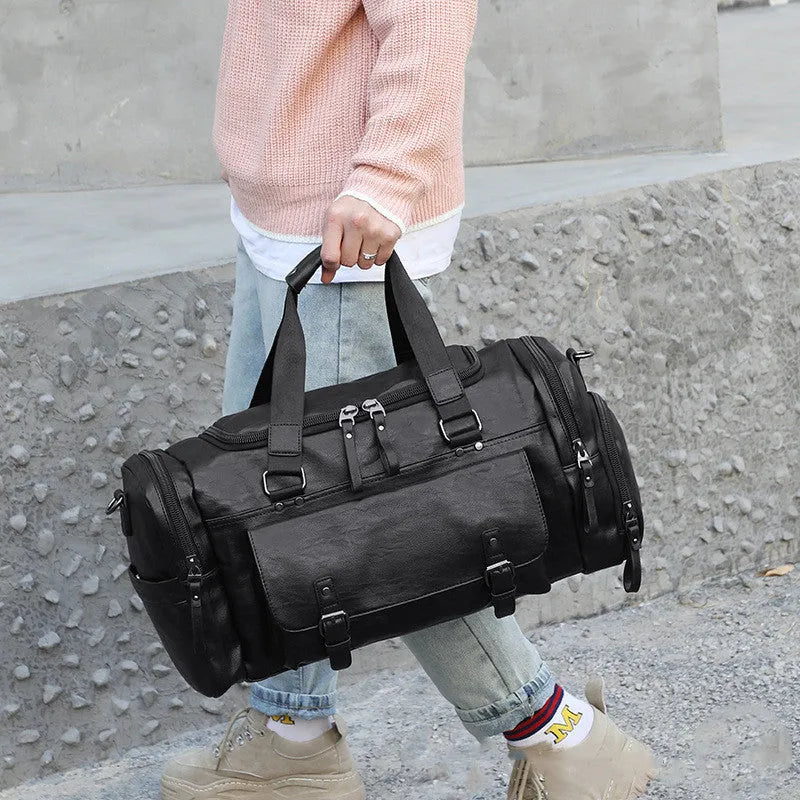 Black travel bag with separate shoe compartment, waterproof PU fabric exterior