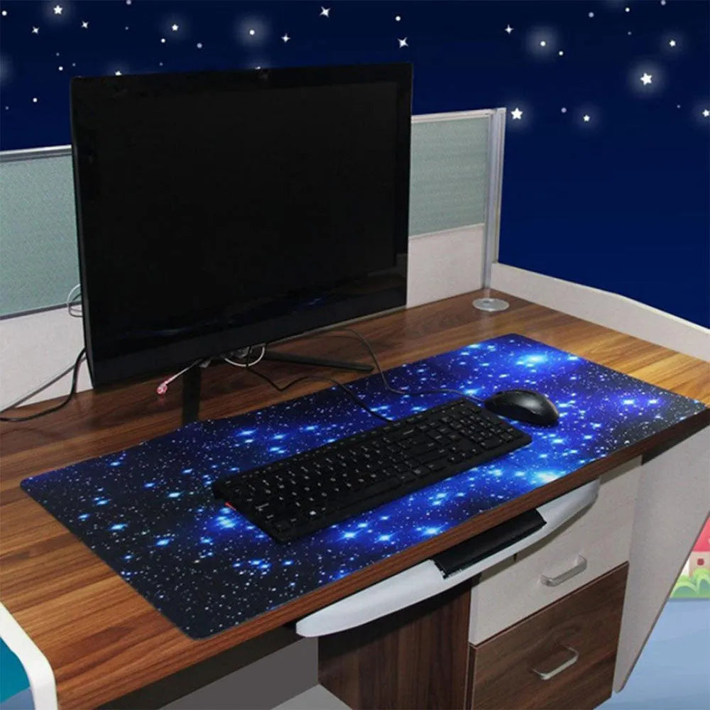 Blue star mouse pad with high-density fabric surface and natural rubber anti-skid base on a desk