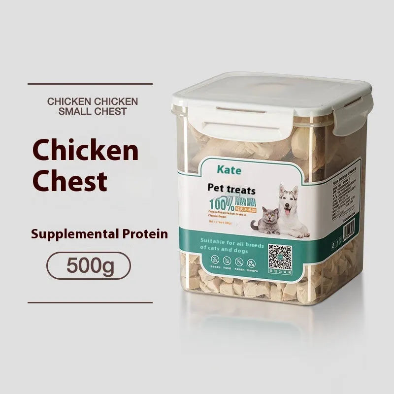 500g freeze-dried chicken cat snacks in resealable bag or barrel packaging