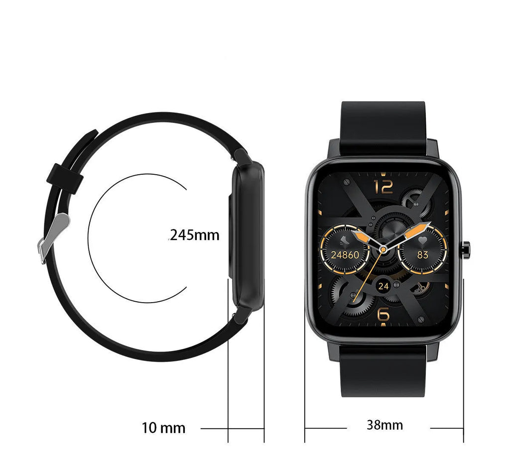 H80 black smart watch with 1.69-inch screen on a silicone strap, displaying ECG and heart rate data
