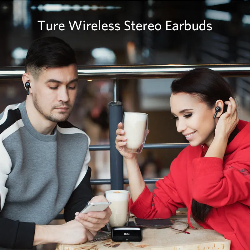 Black and white true wireless Bluetooth earbuds with an IPX5 waterproof rating.