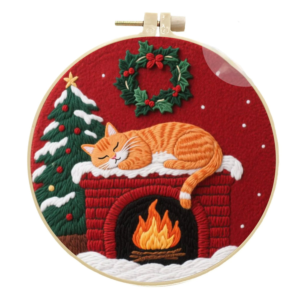 Cat-themed DIY embroidery kit showing Autumn Fruit pattern on cotton linen fabric with optional bamboo frame and scissors.