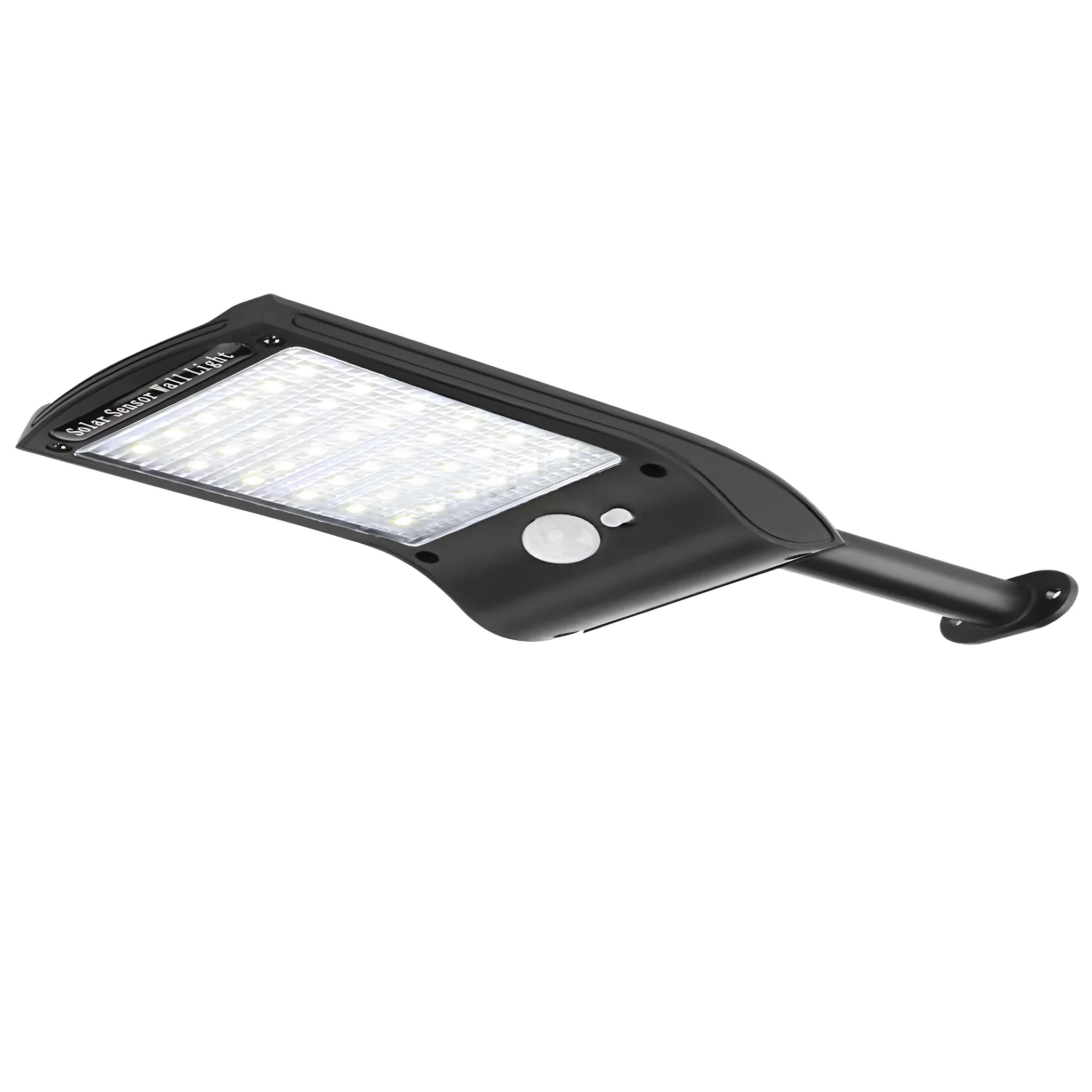 Black 36 LED solar-powered outdoor wall light with motion sensor and adjustable pole on a wall.